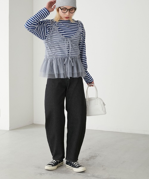 BONLECILL（ボンルシール）の「チュールフリルキャミソールビスチェ（キャミソール・レディース・ブラック/アイボリー/モカ/ピンク/グレイッシュブルー・FREE）」の14枚目の写真