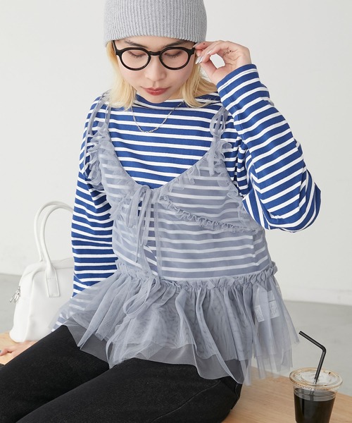 BONLECILL（ボンルシール）の「チュールフリルキャミソールビスチェ（キャミソール・レディース・ブラック/アイボリー/モカ/ピンク/グレイッシュブルー・FREE）」の16枚目の写真