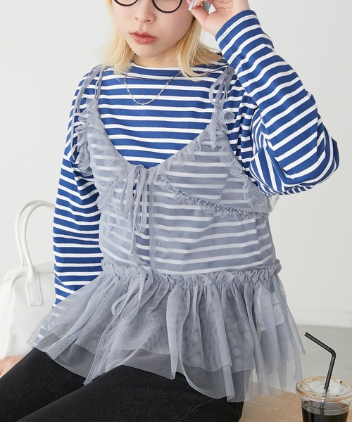 BONLECILL（ボンルシール）の「チュールフリルキャミソールビスチェ（キャミソール・レディース・ブラック/アイボリー/モカ/ピンク/グレイッシュブルー・FREE）」の17枚目の写真