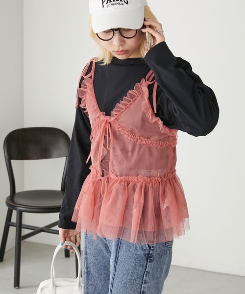 BONLECILL（ボンルシール）の「チュールフリルキャミソールビスチェ（キャミソール・レディース・ブラック/アイボリー/モカ/ピンク/グレイッシュブルー・FREE）」の18枚目の写真