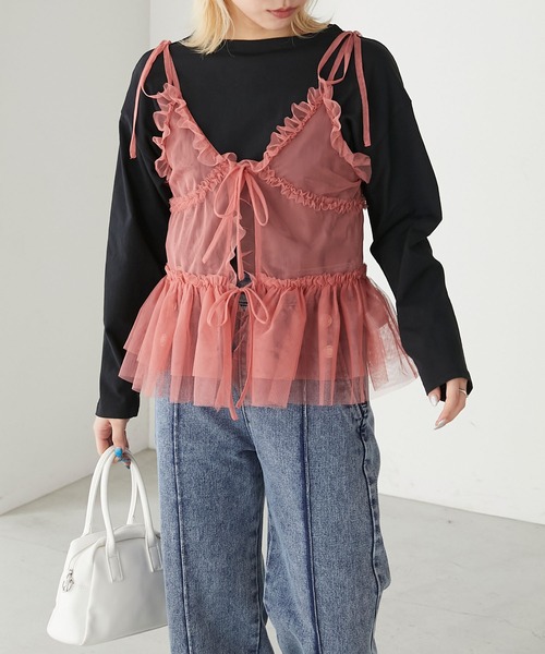 BONLECILL（ボンルシール）の「チュールフリルキャミソールビスチェ（キャミソール・レディース・ブラック/アイボリー/モカ/ピンク/グレイッシュブルー・FREE）」の19枚目の写真