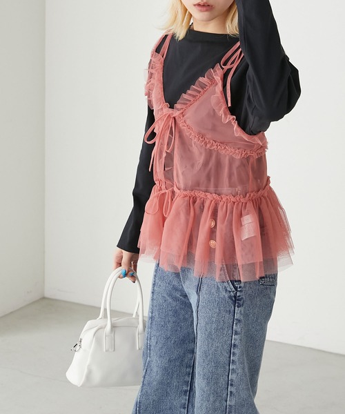 BONLECILL（ボンルシール）の「チュールフリルキャミソールビスチェ（キャミソール・レディース・ブラック/アイボリー/モカ/ピンク/グレイッシュブルー・FREE）」の20枚目の写真