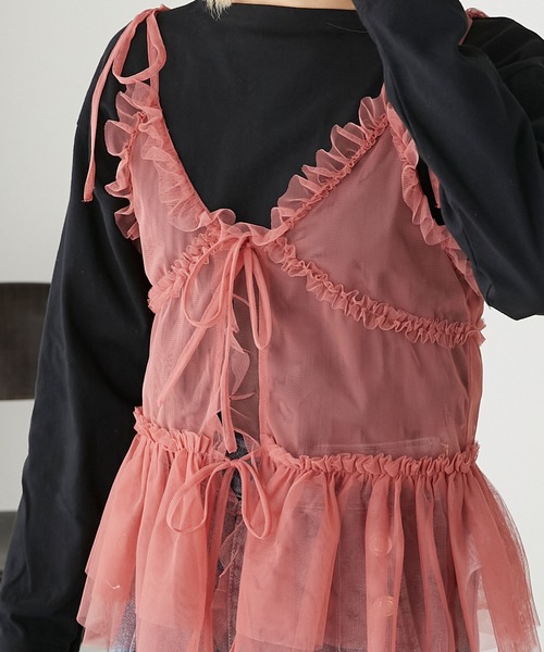 BONLECILL（ボンルシール）の「チュールフリルキャミソールビスチェ（キャミソール・レディース・ブラック/アイボリー/モカ/ピンク/グレイッシュブルー・FREE）」の22枚目の写真