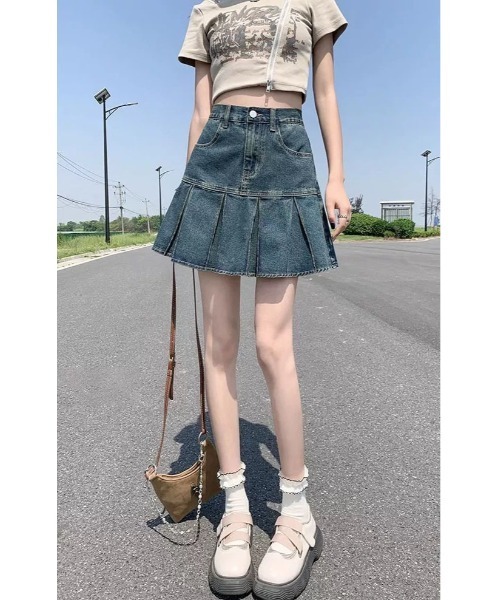 gossip!ロサンゼルス(ゴシップロサンゼルス)の「タック デニムスカート(デニムスカート・レディース・ブルー/ブラック・M/S/L/XL)」の3枚目の写真