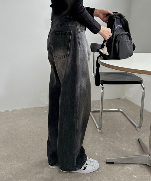Dalfwin(ダールフィン)の「韓国ファッション 韓国ストリートY2K色落ちワイドデニムパンツ(デニムパンツ・レディース・ブラック・SMALL)」の4枚目の写真