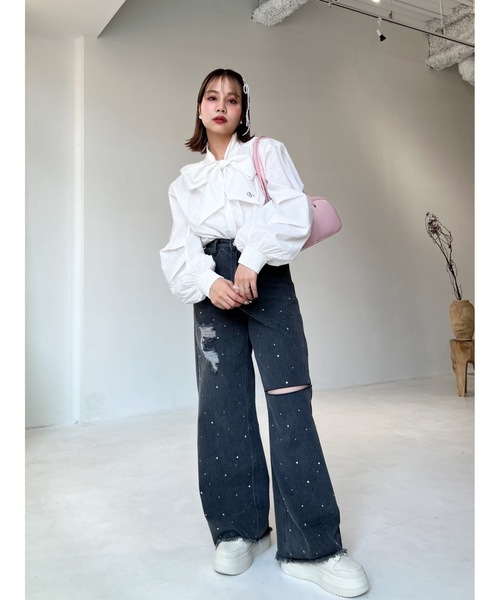 JUMELLE（ジュメロ）の「【盛れる！3サイズ】clash bijou denim pants（デニムパンツ・レディース・ブラック/ブルー・SMALL/MEDIUM/LARGE）」の10枚目の写真