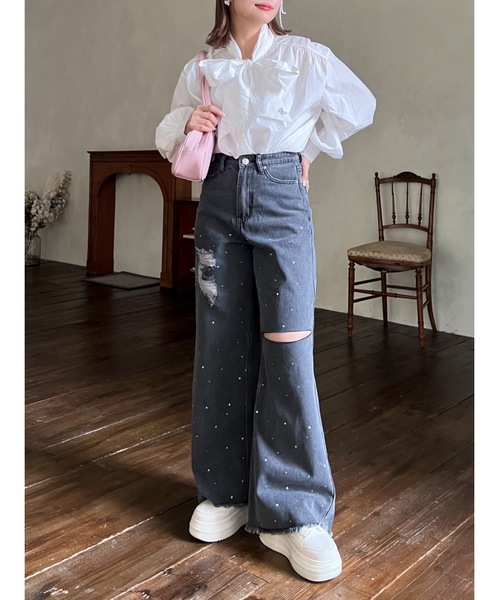 JUMELLE（ジュメロ）の「【盛れる！3サイズ】clash bijou denim pants（デニムパンツ・レディース・ブラック/ブルー・SMALL/MEDIUM/LARGE）」の11枚目の写真