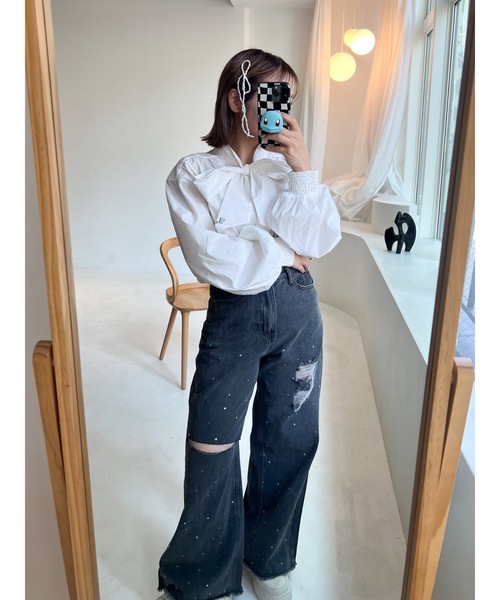 JUMELLE（ジュメロ）の「【盛れる！3サイズ】clash bijou denim pants（デニムパンツ・レディース・ブラック/ブルー・SMALL/MEDIUM/LARGE）」の14枚目の写真