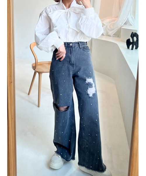 JUMELLE（ジュメロ）の「【盛れる！3サイズ】clash bijou denim pants（デニムパンツ・レディース・ブラック/ブルー・SMALL/MEDIUM/LARGE）」の16枚目の写真