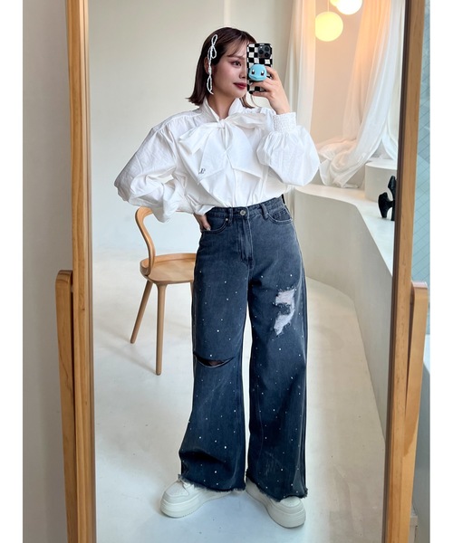 ジュメロ clash bijou denim pants ブルー jumelle（ジュメロ）の「clash bijou denim pants（デニムパンツ