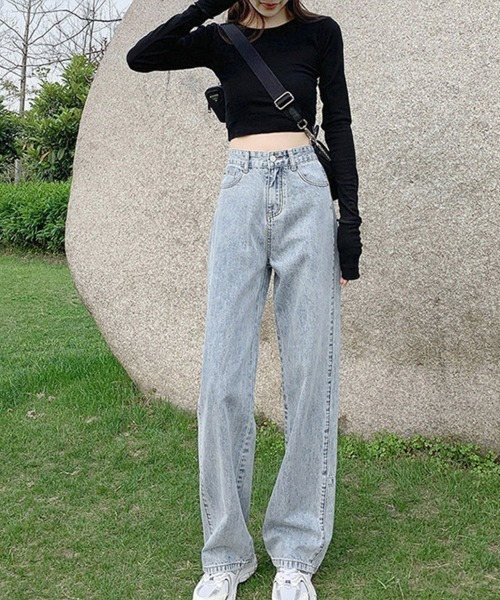 Miniministore(ミニミニストア)の「ストレートデニムパンツ ハイウエスト美脚(デニムパンツ・レディース・サックスブルー/インディゴブルー・L/S/XL/M)」の5枚目の写真