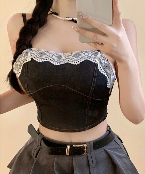 Lace Ladies(レースレディース)の「フラワーレース バックシャーリング コンパクト デニム キャミソール(キャミソール・レディース・ライトブルー/ブラック/ネイビー・FREE)」の16枚目の写真
