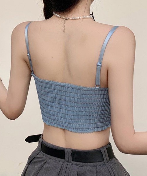 Lace Ladies(レースレディース)の「フラワーレース バックシャーリング コンパクト デニム キャミソール(キャミソール・レディース・ライトブルー/ブラック/ネイビー・FREE)」の6枚目の写真