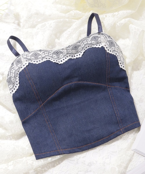 Lace Ladies(レースレディース)の「フラワーレース バックシャーリング コンパクト デニム キャミソール(キャミソール・レディース・ライトブルー/ブラック/ネイビー・FREE)」の7枚目の写真