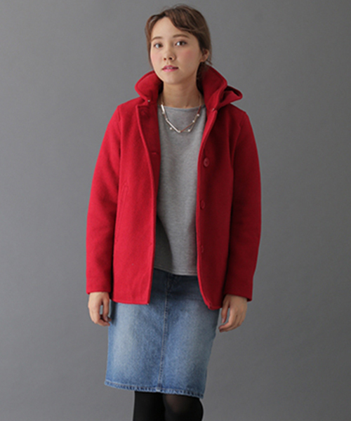 SEVENDAYS=SUNDAY（セブンデイズサンデイ）の「メルトン　フード付シングルＰコート（ピーコート・レディース・キャメル/ネイビー/レッド・LARGE/MEDIUM）」の3枚目の写真