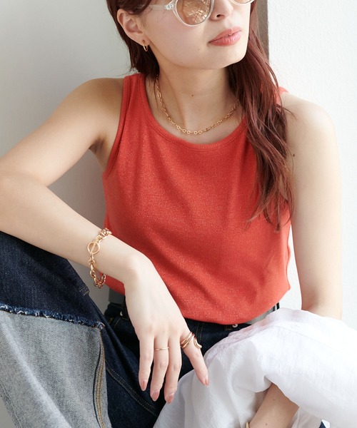 DISCOAT(ディスコート)の「ラメワッフルタンクトップ(タンクトップ・レディース・オフホワイト/チャコールグレー/グリーン系その他/オレンジ・FREE)」の15枚目の写真