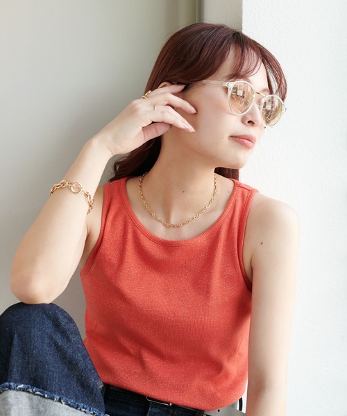 DISCOAT(ディスコート)の「ラメワッフルタンクトップ(タンクトップ・レディース・オフホワイト/チャコールグレー/グリーン系その他/オレンジ・FREE)」の17枚目の写真