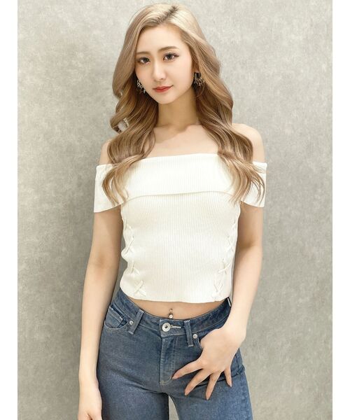 GYDA（ジェイダ）の「サイドレースアップオフショルニットトップス（ニット/セーター・レディース・グリーン/オフホワイト/ブラック・FREE）」の22枚目の写真