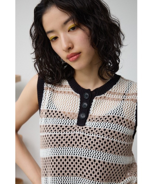 AZUL by moussy(アズールバイマウジー)の「マルチボーダーメッシュニット(タンクトップ・レディース・オレンジ/オフホワイト・FREE)」の3枚目の写真