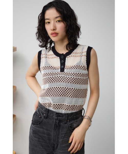 AZUL by moussy(アズールバイマウジー)の「マルチボーダーメッシュニット(タンクトップ・レディース・オレンジ/オフホワイト・FREE)」の4枚目の写真