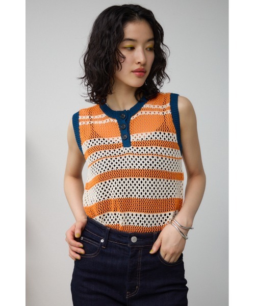AZUL by moussy(アズールバイマウジー)の「マルチボーダーメッシュニット(タンクトップ・レディース・オレンジ/オフホワイト・FREE)」の14枚目の写真
