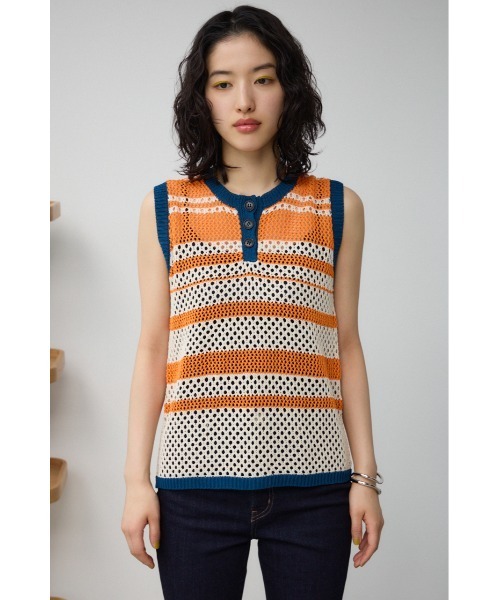 AZUL by moussy(アズールバイマウジー)の「マルチボーダーメッシュニット(タンクトップ・レディース・オレンジ/オフホワイト・FREE)」の16枚目の写真