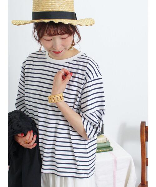 Samansa Mos2(サマンサ モスモス)の「ボーダーコクーンスリーブTシャツ(Tシャツ/カットソー・レディース・ピンク/グリーン/ブルー/オフホワイト・F)」の2枚目の写真