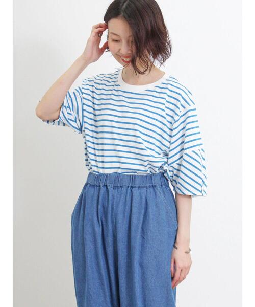 Samansa Mos2(サマンサ モスモス)の「ボーダーコクーンスリーブTシャツ(Tシャツ/カットソー・レディース・ピンク/グリーン/ブルー/オフホワイト・F)」の4枚目の写真