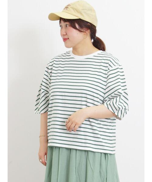 Samansa Mos2(サマンサ モスモス)の「ボーダーコクーンスリーブTシャツ(Tシャツ/カットソー・レディース・ピンク/グリーン/ブルー/オフホワイト・F)」の3枚目の写真