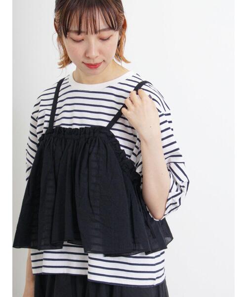 Samansa Mos2(サマンサ モスモス)の「ボーダーコクーンスリーブTシャツ(Tシャツ/カットソー・レディース・ピンク/グリーン/ブルー/オフホワイト・F)」の5枚目の写真