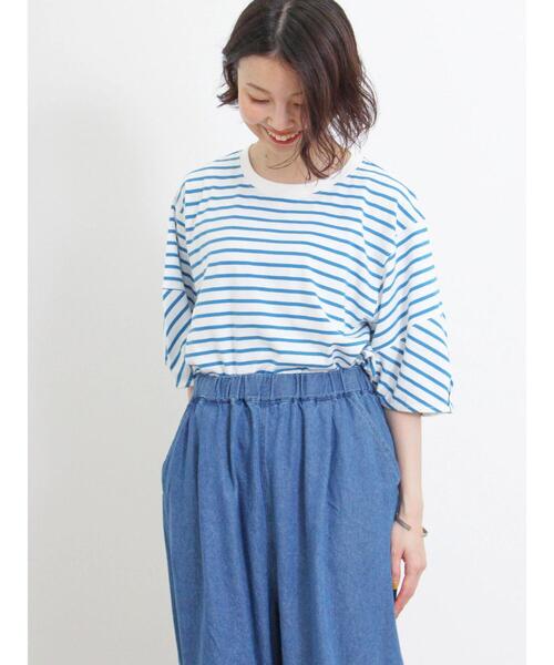 Samansa Mos2(サマンサ モスモス)の「ボーダーコクーンスリーブTシャツ(Tシャツ/カットソー・レディース・ピンク/グリーン/ブルー/オフホワイト・F)」の12枚目の写真