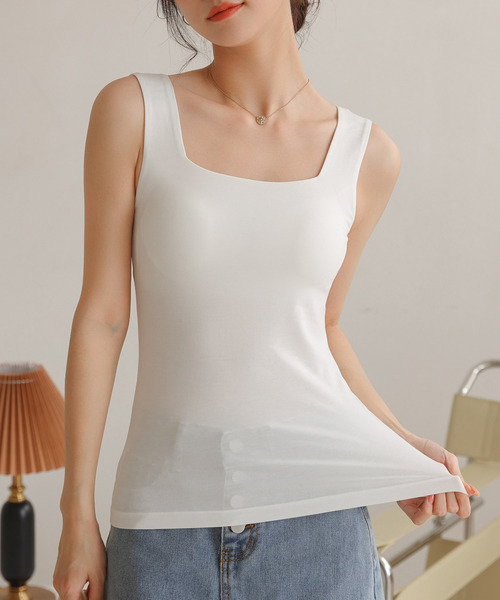 レディース 高ストレッチカップ付きスクエアネックタンクトップ