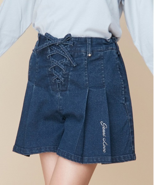 JENNI love(ジェニィラブ)の「【ウエスト調整可】レースアッププリーツデニムキュロット(デニムパンツ・キッズ・ブルー/ネイビー・160cm/150cm/140cm/130cm)」の1枚目の写真