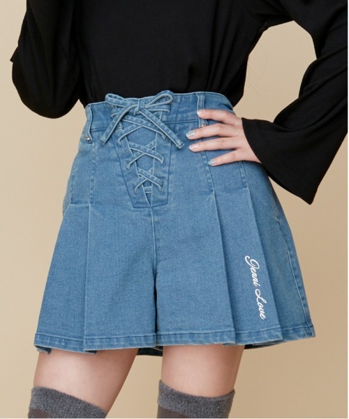 JENNI love(ジェニィラブ)の「【ウエスト調整可】レースアッププリーツデニムキュロット(デニムパンツ・キッズ・ブルー/ネイビー・160cm/150cm/140cm/130cm)」の2枚目の写真