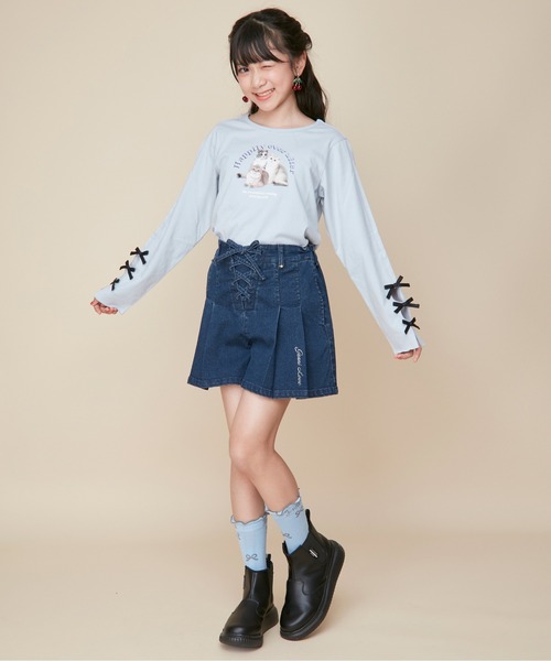 JENNI love(ジェニィラブ)の「【ウエスト調整可】レースアッププリーツデニムキュロット(デニムパンツ・キッズ・ブルー/ネイビー・160cm/150cm/140cm/130cm)」の4枚目の写真