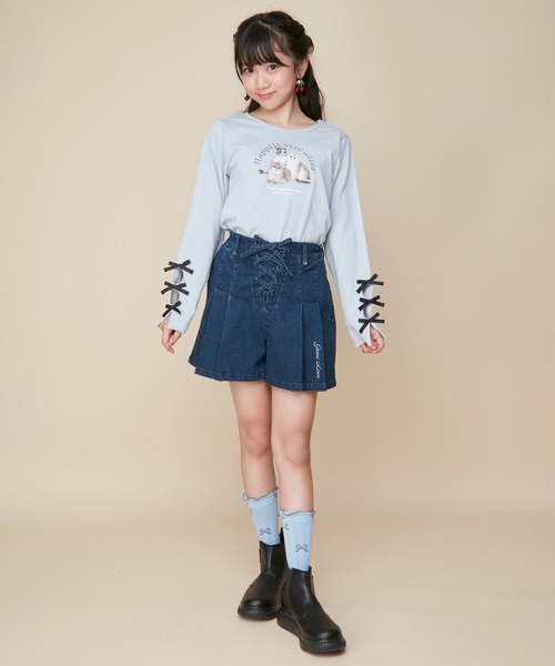 JENNI love(ジェニィラブ)の「【ウエスト調整可】レースアッププリーツデニムキュロット(デニムパンツ・キッズ・ブルー/ネイビー・160cm/150cm/140cm/130cm)」の5枚目の写真