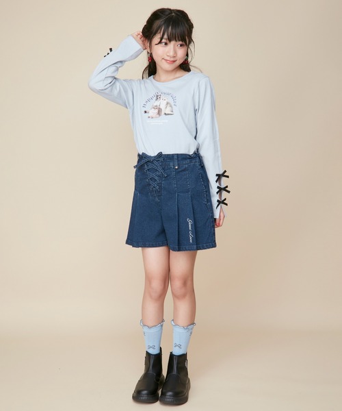 JENNI love(ジェニィラブ)の「【ウエスト調整可】レースアッププリーツデニムキュロット(デニムパンツ・キッズ・ブルー/ネイビー・160cm/150cm/140cm/130cm)」の3枚目の写真