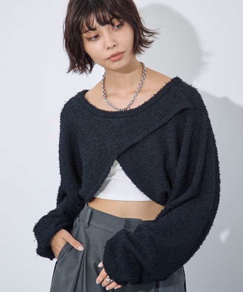 PAGEBOY(ページボーイ)の「ヒゲフェザー2WAYボレロ(カーディガン/ボレロ・レディース・ピンク/ブラック/オフホワイト・FREE)」の3枚目の写真