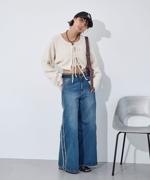 PAGEBOY(ページボーイ)の「ヒゲフェザー2WAYボレロ(カーディガン/ボレロ・レディース・ピンク/ブラック/オフホワイト・FREE)」の5枚目の写真