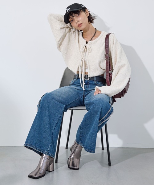 PAGEBOY(ページボーイ)の「ヒゲフェザー2WAYボレロ(カーディガン/ボレロ・レディース・ピンク/ブラック/オフホワイト・FREE)」の7枚目の写真