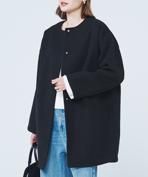 coca（coca）（コカ）の「洗える リバー風ノーカラーコート（ノーカラーコート・レディース・ベージュ/ネイビー・L/M）」の2枚目の写真