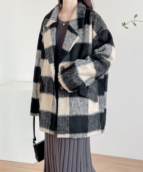 ECLIN（エクラン）の「オーバーサイズチェックリアルファーテーラードジャケット（テーラードジャケット・レディース・ブラウン系その他/ブラック系その他・L/M）」の2枚目の写真