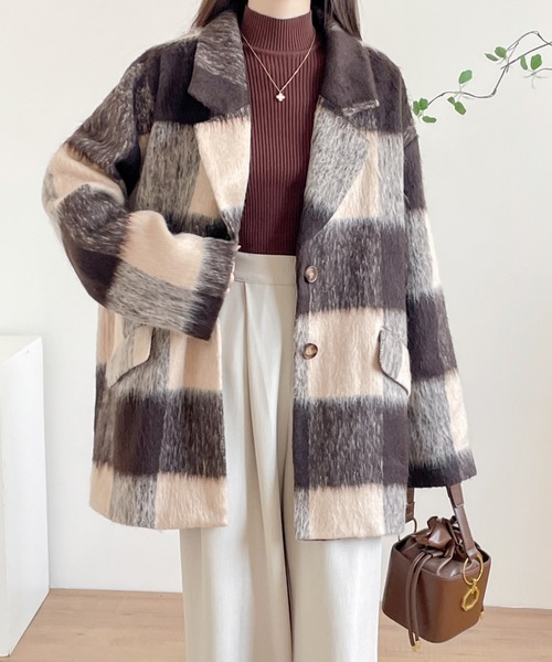 ECLIN（エクラン）の「オーバーサイズチェックリアルファーテーラードジャケット（テーラードジャケット・レディース・ブラウン系その他/ブラック系その他・L/M）」の12枚目の写真