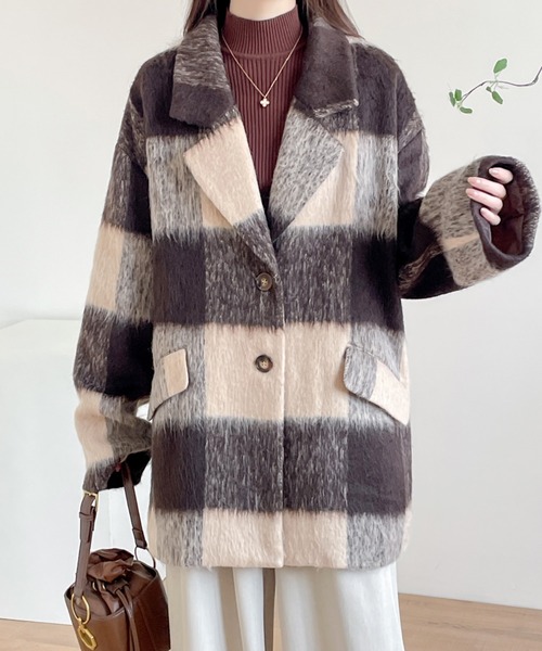 ECLIN（エクラン）の「オーバーサイズチェックリアルファーテーラードジャケット（テーラードジャケット・レディース・ブラウン系その他/ブラック系その他・L/M）」の3枚目の写真