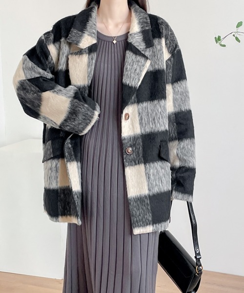 ECLIN（エクラン）の「オーバーサイズチェックリアルファーテーラードジャケット（テーラードジャケット・レディース・ブラウン系その他/ブラック系その他・L/M）」の7枚目の写真