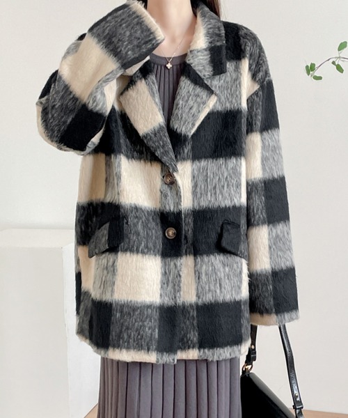 ECLIN（エクラン）の「オーバーサイズチェックリアルファーテーラードジャケット（テーラードジャケット・レディース・ブラウン系その他/ブラック系その他・L/M）」の11枚目の写真