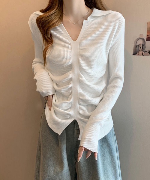 Miniministore(ミニミニストア)の「フロントギャザーニットトップス Vネック(ニット/セーター・レディース・ベージュ/ブラック/ホワイト・FREE)」の5枚目の写真