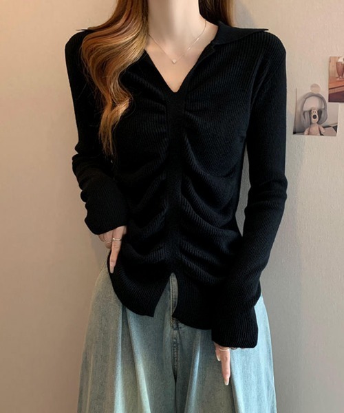 Miniministore(ミニミニストア)の「フロントギャザーニットトップス Vネック(ニット/セーター・レディース・ベージュ/ブラック/ホワイト・FREE)」の6枚目の写真