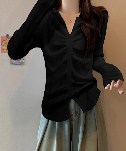Miniministore(ミニミニストア)の「フロントギャザーニットトップス Vネック(ニット/セーター・レディース・ベージュ/ブラック/ホワイト・FREE)」の7枚目の写真