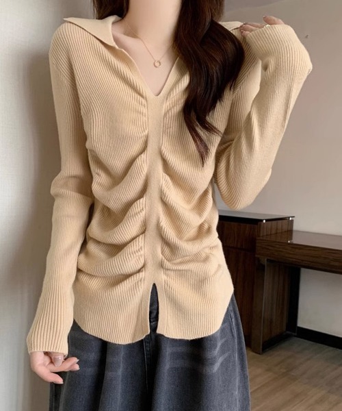 Miniministore(ミニミニストア)の「フロントギャザーニットトップス Vネック(ニット/セーター・レディース・ベージュ/ブラック/ホワイト・FREE)」の9枚目の写真